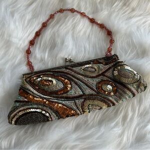 Beaded Handle Sequin Clutch in Gold and Brown